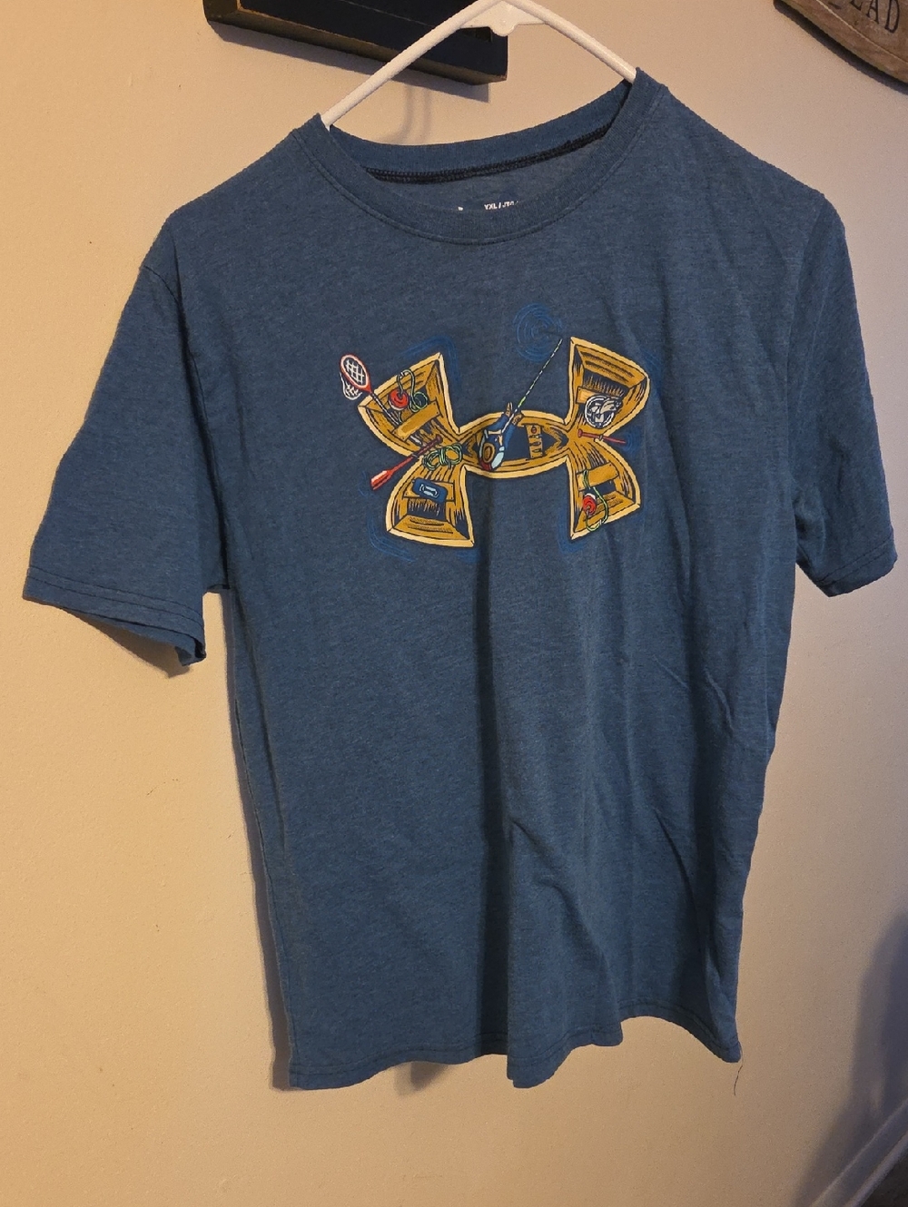 Under Armour Blue Tee with Yellow Outlined Logo and Sport Icons